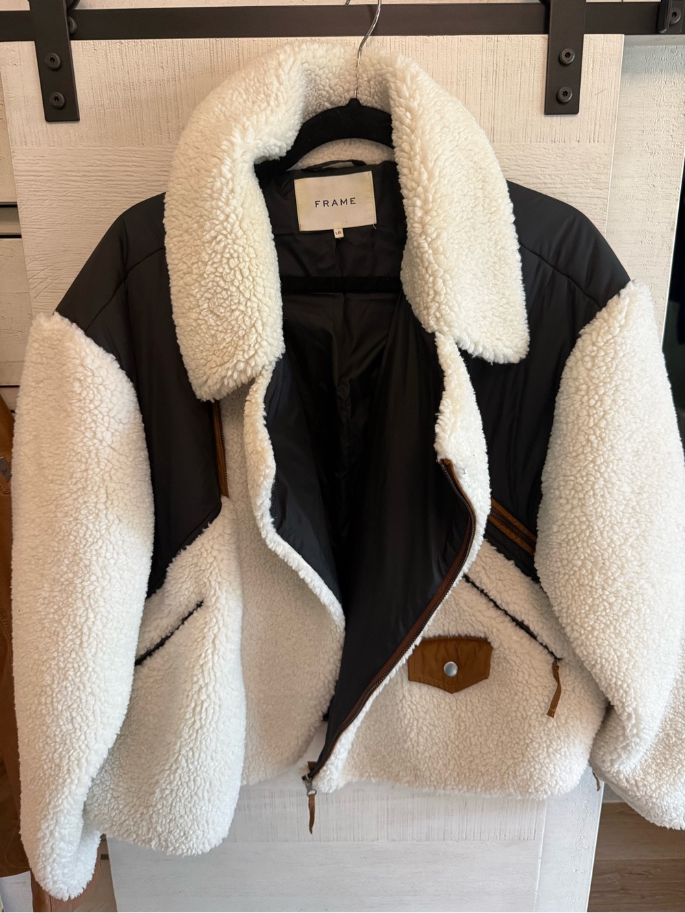 Frame Contrast Trim Ivory Sherpa Jacket